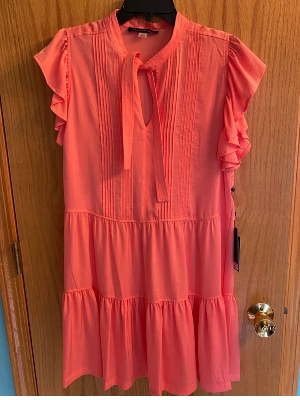 Tommy Hilfiger Coral  Tie-Neck Ruffled Sleeve Tiered Dress Sz 8 NWT